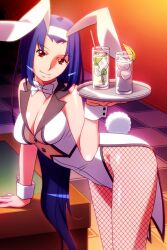 Rule 34 | 1girl, animal ears, asahina natsuki, blue hair, breasts, checkered floor, cleavage, coattails, cowboy shot, cup, drink, drinking glass, fake animal ears, fake tail, fishnet pantyhose, fishnets, holding, holding drink, holding tray, ice, ice cube, indoors, large breasts, leaning forward, leotard, long hair, looking at viewer, medium breasts, non-web source, official art, pantyhose, photoshop (medium), playboy bunny, rabbit ears, rabbit tail, red eyes, smile, solo, super real mahjong, tail, tanaka ryou, tray, very long hair, wrist cuffs