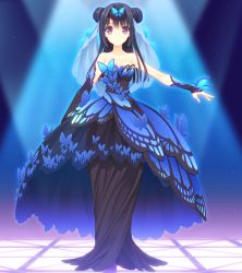 Rule 34 | 1girl, antenna hair, bare shoulders, black hair, black skirt, blush, breasts, cleavage, double bun, dress, eyebrows, fingerless gloves, full body, game cg, gloves, hair ornament, highres, large breasts, light, long hair, long skirt, looking at viewer, nishimata aoi, ookura resona, otome riron to sonogo no shuuhen: belle &eacute;poque, purple eyes, serious, simple background, skirt, solo, standing, strapless, suzuhira hiro, veil