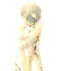 Rule 34 | 1girl, ayanami rei, bandaged arm, bandaged hand, bandages, blood, bloody bandages, breasts, neon genesis evangelion, plugsuit, simple background, small breasts, solo