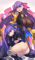 Rule 34 | 10s, 2girls, absurdres, arm up, ass, bare shoulders, black footwear, black jacket, black legwear, black shirt, blush, boots, bow, breasts, brown background, cleavage, closed mouth, commentary request, crotch plate, fate/extra, fate/extra ccc, fate (series), hair between eyes, hair bow, head tilt, highres, jacket, large breasts, long hair, long sleeves, looking at viewer, meltryllis (fate), multiple girls, o-ring, o-ring top, one eye closed, open mouth, pantie painting, passionlip (fate), pink bow, purple eyes, purple hair, see-through, shirt, sleeves past fingers, sleeves past wrists, tears, thigh boots, thighhighs, v-shaped eyebrows, very long hair, wavy mouth, wide sleeves