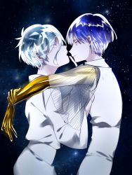 Rule 34 | 2others, alternate costume, androgynous, antarcticite, arms around neck, bad id, bad pixiv id, blue eyes, blue hair, colored eyelashes, face-to-face, finger to mouth, golden arms, grey eyes, hair between eyes, hand on another&#039;s chest, highres, houseki no kuni, looking at another, multiple others, phosphophyllite, phosphophyllite (ll), see-through, short hair, sky, smile, spoilers, star (sky), starry sky, white eyes, white hair