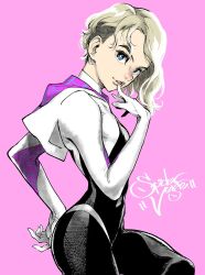 Rule 34 | 1girl, ahn dongshik, animification, blonde hair, blue eyes, bodysuit, breasts, eyebrow piercing, gwen stacy, highres, hood, hood down, hooded bodysuit, lips, looking at viewer, marvel, piercing, short hair, simple background, skin tight, small breasts, solo, spider-gwen, spider-man: into the spider-verse, spider-man (series), spider-verse, spider web print, superhero costume