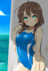Rule 34 | 10s, 1girl, amy (suisei no gargantia), blush, braid, brown hair, competition swimsuit, green eyes, hair ornament, highres, ocean, one-piece swimsuit, open mouth, pon (shind 997), short hair, smile, solo, suisei no gargantia, swimsuit, twin braids, water