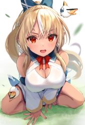 Rule 34 | 1girl, arm support, bird, blonde hair, blue bow, blurry, blurry background, blurry foreground, blush, bow, bowtie, breasts, cleavage, commentary request, crossed bangs, dark-skinned female, dark elf, dark skin, depth of field, detached sleeves, dress, elf, hair bow, high ponytail, highres, hololive, indian style, large breasts, leaning forward, looking at viewer, multicolored hair, open hand, open mouth, outdoors, pi tayuko, pointy ears, ponytail, red bow, red eyes, shadow, shiranui flare, shiranui flare (1st costume), short dress, sidelocks, sitting, solo, streaked hair, teeth, upper teeth only, virtual youtuber, white dress, white hair, white sleeves