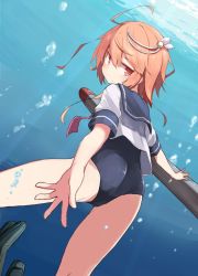 Rule 34 | 10s, 1girl, beize (garbage), diving, freediving, gradient background, highres, holding breath, i-58 (kancolle), kantai collection, one-piece swimsuit, reaching, reaching towards viewer, school swimsuit, school uniform, serafuku, short hair, swimming, swimsuit, swimsuit under clothes, torpedo, type 95 torpedo, u-511 (kancolle), underwater