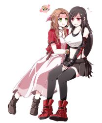 Rule 34 | 2girls, absurdres, aerith gainsborough, arm guards, arm hug, black hair, black skirt, bow, breasts, brown hair, crop top, cropped jacket, dress, final fantasy, final fantasy vii, final fantasy vii remake, fingerless gloves, gloves, green eyes, hair bow, highres, jacket, large breasts, long hair, low-tied long hair, medium breasts, multiple girls, open mouth, pink dress, pleated skirt, red eyes, red jacket, sitting, skirt, smile, tank top, thighhighs, tifa lockhart, zonzonsh
