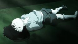 Rule 34 | 00s, 1girl, animated, animated gif, arms behind back, black hair, child, closed eyes, dark, dutch angle, ghost hound, komori mizuka, long hair, lowres, lying, on back, on floor, pigeon-toed, shoes, shorts, single shoe, socks, solo, source request