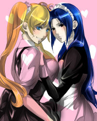 Rule 34 | 2girls, alternate costume, alternate hair color, apron, asymmetrical docking, bad id, bad pixiv id, black eyes, blonde hair, blue eyes, blue hair, blush, breast press, breasts, closed mouth, colorized, dress, embarrassed, enmaided, expressionless, facial mark, facing viewer, genderswap, genderswap (mtf), hair ornament, hair tie, hand on another&#039;s shoulder, hand up, happy, heart, kazari tayu, large breasts, long hair, long sleeves, looking at viewer, maid, maid headdress, masa (miyabi310), medium breasts, multiple girls, naruko (naruto), naruto, naruto (series), parted lips, pink background, skirt, smile, standing, symmetrical docking, teeth, twintails, uchiha sasuke, uzumaki naruto, whisker markings, whiskers