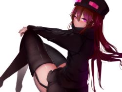 Rule 34 | 1girl, at2., black hat, black shirt, black skirt, blush, closed mouth, commentary, commentary request, crossed legs, enderman, english commentary, expressionless, from behind, garter straps, hair between eyes, hands on own knee, hat, highres, knees up, long hair, long sleeves, looking at viewer, looking back, minecraft, miniskirt, pink eyes, purple hair, shirt, simple background, sitting, skindentation, skirt, solo, thighhighs, very long hair, white background