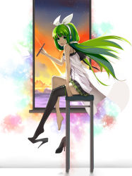 Rule 34 | 1girl, asymmetrical clothes, bare shoulders, barefoot, black thighhighs, chair, eskimofox, female focus, full body, gradient background, green eyes, green hair, headband, high heels, holding, indoors, legs, long hair, matching hair/eyes, open mouth, original, pen, shoe dangle, shoes, single shoe, sitting, sky, sleeveless, solo, thighhighs, white background