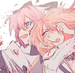 Rule 34 | 1boy, 1girl, astolfo (fate), bad id, bad twitter id, blonde hair, blood, bow, braid, crossdressing, facing to the side, fang, fate/apocrypha, fate/grand order, fate (series), hair bow, highres, koyashaka, liss meier (koyashaka), long hair, looking to the side, multicolored hair, open mouth, original, pink hair, white background, white hair