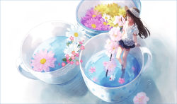 Rule 34 | 1girl, arm support, barefoot, blue skirt, bracelet, brown hair, chamomile, cherry blossoms, choker, cup, flower, flower request, green eyes, hakusai (tiahszld), hat, jewelry, lace, lace-trimmed shirt, lace trim, long hair, looking to the side, mini person, minigirl, necklace, original, profile, see-through, shirt, short sleeves, skirt, solo, standing, sun hat, wading, water