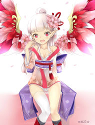 Rule 34 | 1girl, arm behind back, boots, breasts, character request, cleavage, fang, flower, galgo (awokenisfear), hair bun, hair flower, hair ornament, highres, japanese clothes, kimono, long hair, obi, off shoulder, open mouth, pointy ears, red eyes, sash, seven knights, short kimono, short yukata, silver hair, single hair bun, single thighhigh, sitting, smile, solo, thigh gap, thighhighs, white thighhighs, wings, yukata