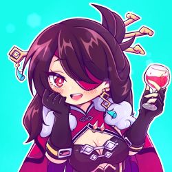 Rule 34 | 1girl, :d, alcohol, aqua background, arm support, aya chan1221, beidou (genshin impact), black gloves, black hair, blush, breasts, cape, chinese clothes, cleavage, commentary, cup, drinking glass, earrings, elbow pads, english commentary, eyepatch, fingerless gloves, fur-trimmed cape, fur trim, genshin impact, gloves, hair ornament, hair over one eye, hairpin, head rest, holding, holding cup, jewelry, long hair, looking at viewer, open mouth, red eyes, sidelocks, simple background, smile, solo, wine, wine glass