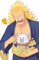 Rule 34 | 1boy, animal, black eyes, blonde hair, blue kimono, boar, commentary request, hasami (hasami25), japanese clothes, kimono, kinemon, male focus, medium hair, one piece, open mouth, smile, teeth, tusks