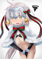 Rule 34 | 1girl, ahoge, bell, bikini, bikini top only, black gloves, blush, capelet, christmas, covering privates, covering crotch, cowboy shot, elbow gloves, embarrassed, fate/grand order, fate (series), flat chest, fur trim, gloves, grey hair, headpiece, highres, jeanne d&#039;arc alter (fate), jeanne d&#039;arc (fate), jeanne d&#039;arc alter santa lily (fate), leaning forward, long hair, looking at viewer, masaki kazusa, navel, nose blush, open mouth, panties, red panties, ribbon, round teeth, simple background, solo, squiggle, star (symbol), swimsuit, teeth, underwear, very long hair, wavy mouth, white background, yellow eyes