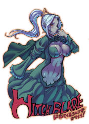 Rule 34 | 1girl, blue hair, breasts, center opening, character request, cleavage, colored skin, commentary request, dress, grey skin, large breasts, long hair, pointy ears, red eyes, sashizume soutarou, sleeves past wrists, smile, solo, tiara, witchblade