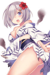 Rule 34 | 10s, 1girl, bad id, bad pixiv id, blue eyes, blush, breasts, cleavage, flower, hair flower, hair ornament, hair over one eye, hairclip, hamakaze (kancolle), japanese clothes, kantai collection, kimono, large breasts, looking back, short hair, silver hair, solo, torn clothes, yukata, yuzu-aki