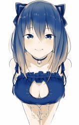 Rule 34 | 1girl, bad id, bad twitter id, bare shoulders, bell, blue bra, blue eyes, blue hair, blush, bow, bra, breasts, cat cutout, cat lingerie, choker, cleavage, cleavage cutout, clothing cutout, collarbone, commentary request, cowboy shot, foreshortening, frilled bra, frills, hair between eyes, hair bow, highres, jingle bell, large breasts, leaning forward, long hair, looking at viewer, meme attire, neck bell, original, shinomu (cinomoon), smile, solo, underwear, underwear only