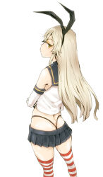 Rule 34 | 10s, 1girl, ass, bad id, bad pixiv id, black panties, blonde hair, blush, butt crack, elbow gloves, female focus, from behind, gloves, hair ornament, hairband, highleg, highleg panties, kantai collection, long hair, looking at viewer, looking back, panties, personification, shimakaze (kancolle), simple background, skirt, solo, striped clothes, striped thighhighs, tamaoki benkyou, thighhighs, thong, underwear, whale tail (clothing), white background