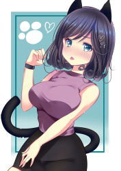 Rule 34 | 1girl, animal ears, bad id, bad pixiv id, bare shoulders, black hair, black skirt, blue eyes, blush, breasts, cat ears, cat girl, cat tail, commentary request, dutch angle, fang, fingernails, hand up, haruta (806060), heart, highres, large breasts, looking at viewer, nose blush, original, pencil skirt, purple shirt, shirt, short hair, skirt, sleeveless, sleeveless shirt, solo, tail, tongue, tongue out, wrist cuffs
