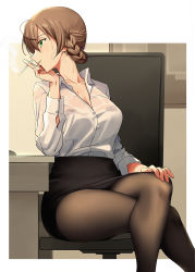 Rule 34 | 1girl, ahoge, arm support, black bra, black skirt, board, border, bra, bra visible through clothes, braid, breasts, brown hair, brown pantyhose, chair, cigarette, cleavage, collarbone, collared shirt, crossed legs, desk, dress shirt, feet out of frame, fingernails, green eyes, hair between eyes, hand on own knee, head rest, highres, holding, holding cigarette, idolmaster, idolmaster million live!, idolmaster million live! theater days, indoors, large breasts, long sleeves, looking away, nakamura rohane, office chair, office lady, outside border, pantyhose, parted lips, partially unbuttoned, pencil skirt, profile, sakuramori kaori, see-through, shirt, shirt tucked in, short hair, sitting, skirt, smoke, solo, sweat, swivel chair, underwear, wet, wet clothes, white border, white shirt