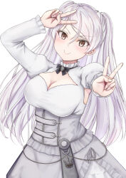 Rule 34 | 1girl, armpit cutout, blush, breasts, brown eyes, cleavage, cleavage cutout, closed mouth, clothing cutout, conte di cavour (kancolle), double v, dress, grey hair, highres, kantai collection, koru pera, large breasts, long hair, long sleeves, simple background, smile, solo, two side up, upper body, v, white background, white dress
