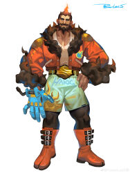 Rule 34 | 1boy, absurdres, bara, beard, belt, belt buckle, black leggings, boots, buckle, facial hair, fiery hair, full body, fur-trimmed jacket, fur trim, green eyes, green shorts, hand on own hip, highres, huge eyebrows, jacket, knee boots, large hands, large pectorals, leggings, long beard, male focus, mature male, multiple belts, muscular, muscular male, mustache, open clothes, open jacket, orange footwear, orange jacket, original, pectoral cleavage, pectorals, powerlesssong, prosthesis, prosthetic hand, short hair, shorts, solo, standing, thick mustache, white background, wrestler, wrestling outfit