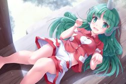Rule 34 | 1girl, :d, bare legs, cloud print, commentary request, curly hair, day, green eyes, green hair, horns, kariyushi shirt, komano aunn, long hair, looking at viewer, lzh, navel, open mouth, paw pose, red shirt, shirt, shorts, single horn, smile, solo, touhou, white shorts