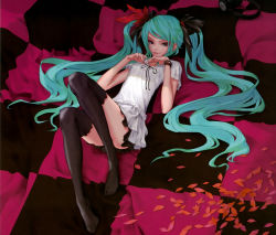 Rule 34 | 1girl, absurdres, black thighhighs, female focus, full body, green hair, hatsune miku, headphones, highres, long hair, lying, petals, redjuice, reference work, scan, solo, swept bangs, thighhighs, twintails, very long hair, vocaloid, world is mine (vocaloid), zettai ryouiki