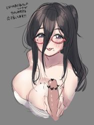 Rule 34 | 1girl, :p, absurdres, black hair, breasts, censored, glasses, handjob, hanjuku choco-pai, highres, large breasts, long hair, mole, mole on breast, mole under eye, penis, pointless censoring, purple eyes, red-framed eyewear, sketch, solo focus, tongue, tongue out