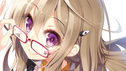 Rule 34 | 1girl, ahoge, artist name, brown hair, close-up, commentary request, glasses, hair ornament, hairpin, highres, long hair, looking at viewer, original, photoshop (medium), purple eyes, smile, solo, tel-o, teteko (tel-o), white background