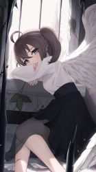 Rule 34 | 1girl, absurdres, ahoge, black skirt, blood, blue eyes, blush, brown hair, commentary request, cuts, feathered wings, feet out of frame, hair between eyes, highres, hololive, indoors, injury, knees together feet apart, looking at viewer, natsuiro matsuri, see-through, shirt, side ponytail, skirt, solo, thomas 8000, torn clothes, torn shirt, tower, virtual youtuber, white shirt, white wings, window, wings
