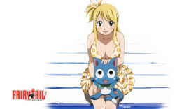Rule 34 | blonde hair, blush, breasts, cleavage, dress, fairy tail, happy (fairy tail), long hair, lucy heartfilia, sitting, smile, swimsuit