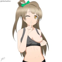 Rule 34 | 1girl, ;), absurdres, alter real zero, artist name, artist request, bare shoulders, black shirt, black shorts, black tank top, blush, bow, bowtie, bra, bra pull, breasts, brown eyes, brown hair, clothes pull, collarbone, female focus, finger to mouth, green bow, grey hair, hair rings, highres, light brown hair, long hair, looking at viewer, love live!, love live! school idol project, medium breasts, minami kotori, navel, nipples, one eye closed, parted lips, ponytail, shirt, shorts, side ponytail, simple background, smile, solo, sports bra, stomach, tank top, underwear, white background, wink, yellow eyes