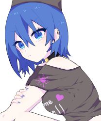 Rule 34 | 1girl, aji (pokedegi), black collar, black shirt, blue eyes, blue hair, blue nails, breasts, closed mouth, clothes writing, collar, ear piercing, hecatia lapislazuli, hecatia lapislazuli (earth), highres, leaning forward, looking at viewer, medium breasts, medium hair, nail polish, piercing, shirt, short sleeves, simple background, solo, t-shirt, touhou, white background