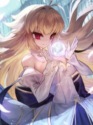 Rule 34 | 1girl, archetype earth, arcueid brunestud, bare shoulders, blonde hair, blue skirt, blush, breasts, cleavage, detached collar, detached sleeves, dress, fate/grand order, fate (series), gloves, large breasts, layered skirt, long hair, long skirt, looking at viewer, m0 chi, moon, red eyes, skirt, smile, solo, tsukihime, very long hair, white dress, white gloves