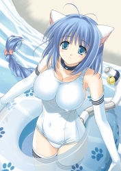 Rule 34 | 1girl, animal ears, bell, blue eyes, blue hair, braid, breasts, cat ears, cat tail, cleavage, collar, covered erect nipples, elbow gloves, gloves, goma satoshi, innertube, large breasts, long hair, matching hair/eyes, one-piece swimsuit, school swimsuit, single braid, solo, swim ring, swimsuit, tail, thighhighs, water, white one-piece swimsuit, white school swimsuit
