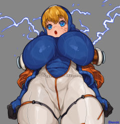 Rule 34 | 1girl, alternate breast size, animification, apex legends, arms at sides, blonde hair, blue eyes, bodysuit, breasts, burn scar, cowboy shot, electricity, facial scar, from below, gloves, grey background, highres, hood, huge breasts, impossible bodysuit, impossible clothes, jacket, lichtenberg figure, open mouth, scar, scar on cheek, scar on face, solo, surprised, thighs, waa153, wattson (apex legends)