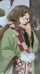 Rule 34 | 1girl, brown hair, clip studio paint (medium), futatsuiwa mamizou, glasses, hand in pocket, leaf, leaf on head, long hair, looking at viewer, official alternate costume, scarf, smoke, smoking pipe, solo, suna (s73d), touhou