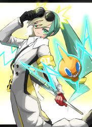 Rule 34 | absurdres, adjusting eyewear, armband, asymmetrical gloves, black gloves, cane, creatures (company), electric miku (project voltage), electricity, eyewear on head, game freak, gen 4 pokemon, gloves, green eyes, ha01ru28, hand on eyewear, hatsune miku, highres, holding, holding cane, jumpsuit, long hair, looking at viewer, mismatched gloves, multicolored hair, nintendo, pokemon, pokemon (creature), project voltage, red gloves, rotom, rotom (normal), smile, sunglasses, twintails, two-tone hair, very long hair, vocaloid, yellow armband