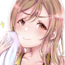Rule 34 | 1girl, artist name, artist request, blouse, blush, breasts, brown eyes, brown hair, close-up, clothes writing, collarbone, female focus, floating hair, hair between eyes, highres, holding, holding towel, kunikida hanamaru, light brown hair, long hair, looking at viewer, love live!, love live! sunshine!!, medium breasts, nail, nail polish, parted lips, pink nails, pink nails, shirt, smile, solo, sparkle, sports bra, sportswear, sweatdrop, towel, upper body, wavy hair, white background, white towel, yellow eyes, yellow shirt