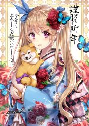 Rule 34 | 1girl, animal, artist name, blue kimono, blue nails, blue ribbon, blush, bow, brown hair, bug, butterfly, cokecoco, dog, fingernails, floral print, flower, hair flower, hair ornament, hair ribbon, highres, insect, japanese clothes, kimono, long hair, long sleeves, looking at viewer, nail polish, new year, obi, original, parted lips, pink eyes, purple bow, red flower, red rose, ribbon, rose, rose print, sash, smile, solo, translation request, twintails, upper body, very long hair, wide sleeves