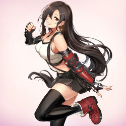 Rule 34 | 1girl, absurdres, ankle boots, arm guards, bare shoulders, black gloves, black hair, black skirt, black thighhighs, boots, breasts, cleavage, clenched hand, crop top, earrings, elbow gloves, final fantasy, final fantasy vii, final fantasy vii remake, glint, gloves, gradient background, hair between eyes, highres, jewelry, leg up, long hair, looking at viewer, low-tied long hair, medium breasts, miniskirt, nr noir, parted lips, pink background, red eyes, red footwear, skirt, sleeveless, smile, solo, standing, standing on one leg, suspender skirt, suspenders, thighhighs, tifa lockhart, very long hair, zettai ryouiki