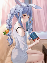 Rule 34 | 1girl, absurdres, animal ear fluff, animal ears, baggy clothes, blue hair, bow, bra strap, braid, carrot, carrot hair ornament, closed mouth, commentary request, couch, food-themed hair ornament, game over, hair bow, hair ornament, handheld game console, highres, holding, holding handheld game console, hololive, indoors, long hair, looking at viewer, monokawa (iurl1z), nintendo switch, on couch, rabbit ears, rabbit girl, red eyes, shirt, sidelocks, sitting, solo, tearing up, tears, thick eyebrows, twin braids, usada pekora, virtual youtuber, white bow, white hair, white shirt