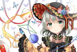 Rule 34 | 1girl, aqua hair, arm up, bad id, bad pixiv id, black bow, black hat, blue flower, blue rose, blush, bow, bowtie, bug, butterfly, butterfly on hand, cake, clothes hanger, commentary request, cup, daisy, detached sleeves, dress, drinking glass, embellished costume, flower, food, green bow, green bowtie, green eyes, hair between eyes, halter dress, halterneck, hat, hat flower, hat ribbon, head tilt, highres, holding, holding cup, ice, ice cube, insect, komeiji koishi, looking at viewer, plate, pouring, raina 017, ribbon, rose, short hair, smile, solo, spoon, teapot, third eye, touhou, upper body, white background, wide sleeves, yellow dress