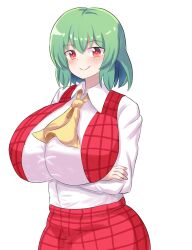 Rule 34 | 1girl, ascot, breasts, crossed legs, godkami17, green hair, highres, kazami yuuka, large breasts, looking at viewer, red eyes, solo, touhou, white background, yellow ascot