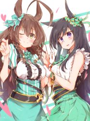 Rule 34 | 2girls, ;), ahoge, animal ears, bare shoulders, black hair, blue bow, blue skirt, blush, bow, breasts, brown hair, center frills, closed mouth, commentary request, ear bow, frills, gloves, green bow, green skirt, hair between eyes, hands up, heart, highres, horse ears, long hair, medium breasts, mejiro bright (umamusume), mejiro dober (umamusume), multiple girls, one eye closed, pleated skirt, puffy short sleeves, puffy sleeves, purple eyes, rinrin (927413), shirt, short sleeves, skirt, sleeveless, sleeveless shirt, smile, umamusume, very long hair, white background, white gloves, yellow eyes
