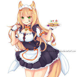 Rule 34 | 10s, 1girl, :3, animal ears, apron, bell, blonde hair, blush, bow, bowtie, breasts, cake, cat ears, cat tail, cleavage cutout, clothing cutout, commentary, cowboy shot, curly hair, eyes visible through hair, fang, fang out, food, frilled apron, frills, fruit, green eyes, heart, highres, jingle bell, long hair, looking at viewer, magikarunukorenka, maid, maid headdress, maple (nekopara), medium breasts, name tag, nekopara, orange bow, plate, puffy short sleeves, puffy sleeves, ribbon-trimmed clothes, ribbon trim, short sleeves, simple background, solo, strawberry, tail, v-shaped eyebrows, waist apron, watermark, web address, white background, wrist cuffs