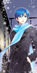 Rule 34 | 1boy, bag, blue eyes, blue hair, blue scarf, clothes, coat, double-breasted, hand in pocket, kaito (vocaloid), m-ca, male focus, matching hair/eyes, mca (dessert candy), outdoors, scarf, short hair, snow, snowing, solo, vocaloid